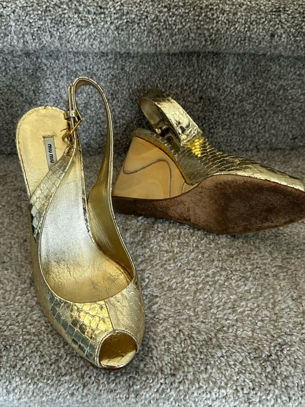 Miu Miu Gold Snakeskin Wooden Wedge Slingback Sandals